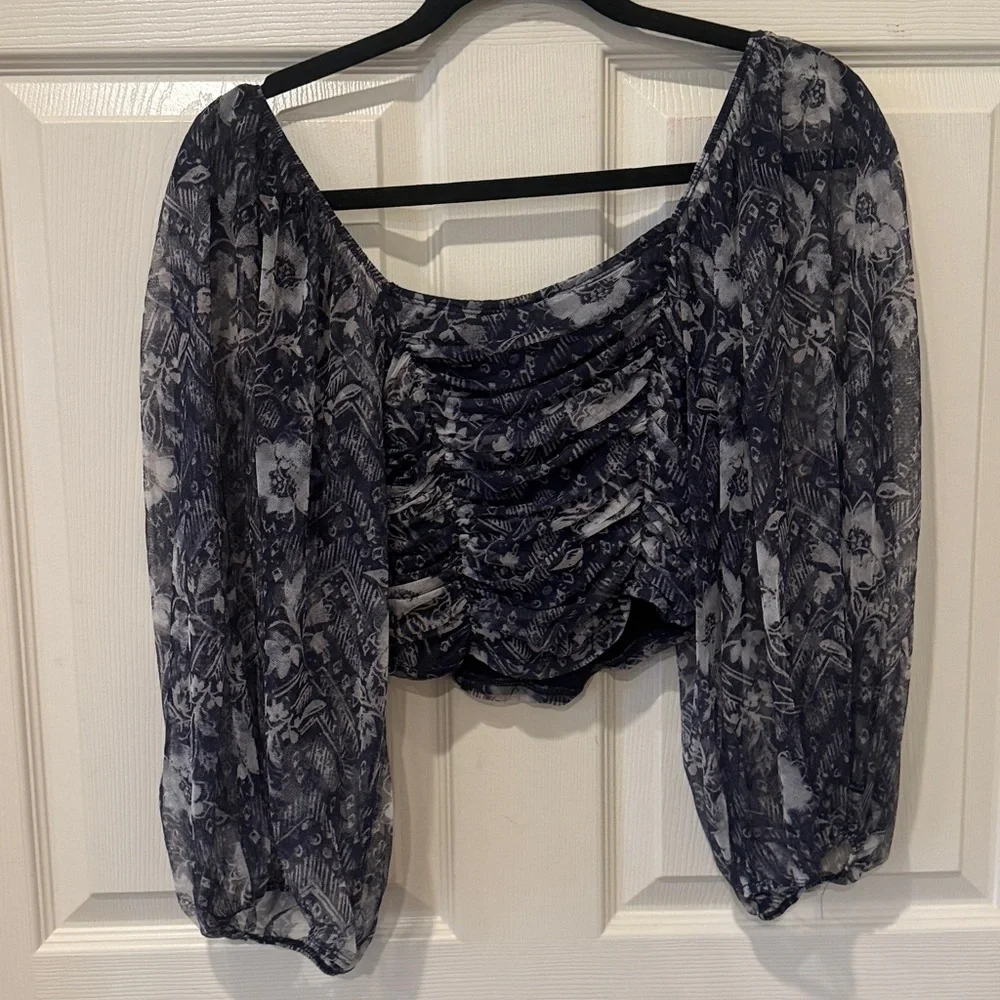 Free People Lilia navy floral runched mesh top, small